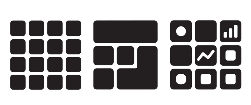 Three black showing various grid layouts, including a square matrix and a dashboard with data charts, on a white background, for interface