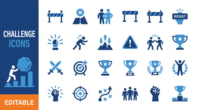 Challenge Icon Set Vector Illustration &ndash; Motivation, Success, Achievement, Goal, Strategy, Teamwork, Resilience, Focus, Determination, Overcoming Obstacles Design Vector