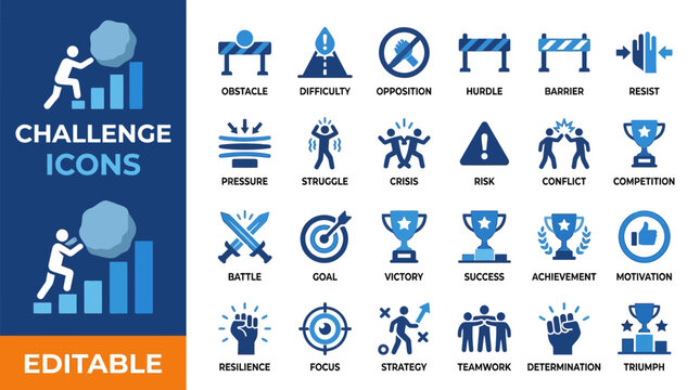 Challenge Icon Set Vector Illustration &ndash; Motivation, Success, Achievement, Goal, Strategy, Teamwork, Resilience, Focus, Determination, Overcoming Obstacles Design Vector