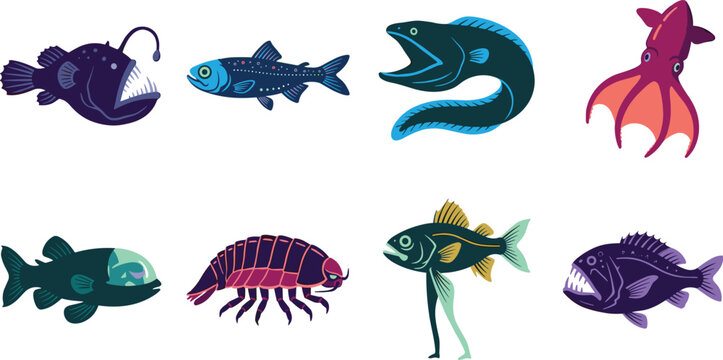 Deep Sea Creature Illustration Set with Anglerfish Eel Squid Isopod and Bioluminescent Fish