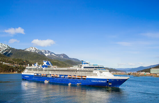 Juneau, Alaska USA - May 12, 2026: Cruise ships Celebrity Summit in  port a sunny day. The Juneau port is a popular Alaska cruise destination