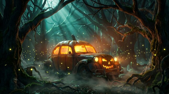 Enchanted halloween pumpkin car driving through spooky forest at night with glowing jack o lantern headlights and mist.
