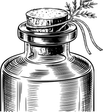 Un dibujo detallado a tinta en blanco y negro de un frasco de boticario de vidrio sellado con un tap&oacute;n de corcho r&uacute;stico