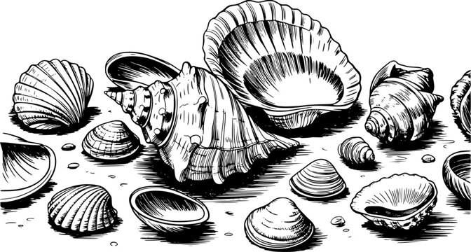 Una l&iacute;nea detallada en blanco y negro que presenta una colecci&oacute;n de varias conchas marinas en una playa de arena