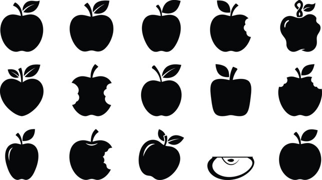 A collection of black apple silhouettes with various shapes and bite marks isolated on a white background