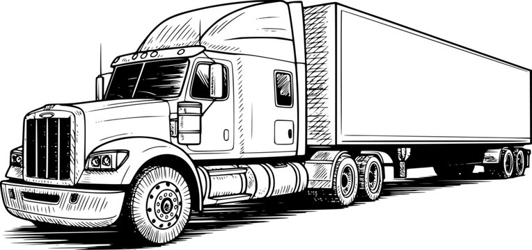 Una l&iacute;nea detallada en blanco y negro de un gran remolque de cami&oacute;n para log&iacute;stica y transporte
