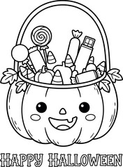 Obraz premium Pumpkin Basket Filled With Halloween Candy Black And White Vector Illustration