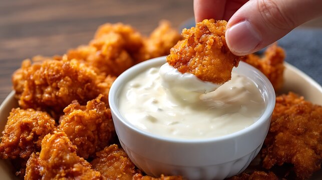 Hand dipping crispy fried chicken nugget into creamy white sauce dip