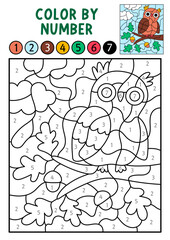Obraz na płótnie Canvas Vector forest color by number activity with owl sitting on acorn tree. Woodland black and white counting, colouring game. Cute coloring page for kids. Line printable worksheet with wild bird