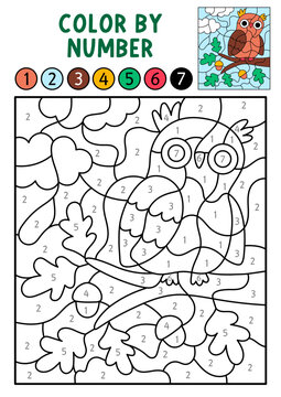 Vector forest color by number activity with owl sitting on acorn tree. Woodland black and white counting, colouring game. Cute coloring page for kids. Line printable worksheet with wild bird