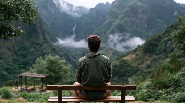 A dynamic, desaturated documentary style photography of urban exploration. An over-the-shoulder wide shot of a traveler discovering a breathtaking view of a lush, misty mountain ra