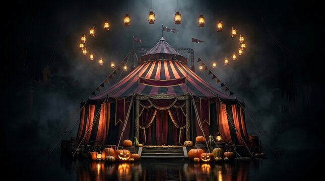 Grand vintage circus tent at night illuminated by glowing lanterns with festive pumpkins on stage under foggy dark sky.