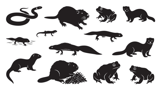 Riverside creatures vector set including various animals like beavers, frogs, otters, newts and snakes.