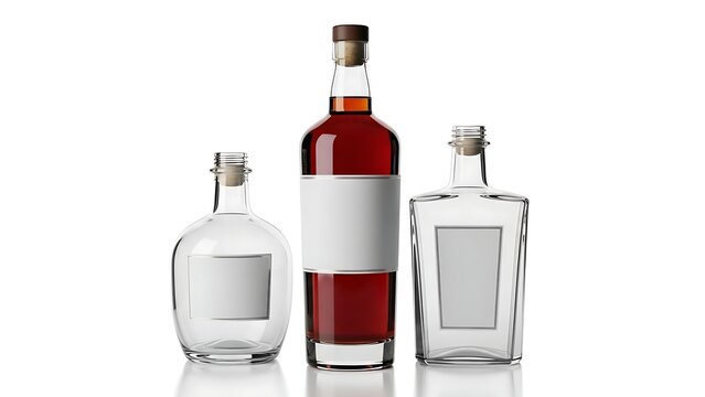 Three glass bottles with stoppers on a white background