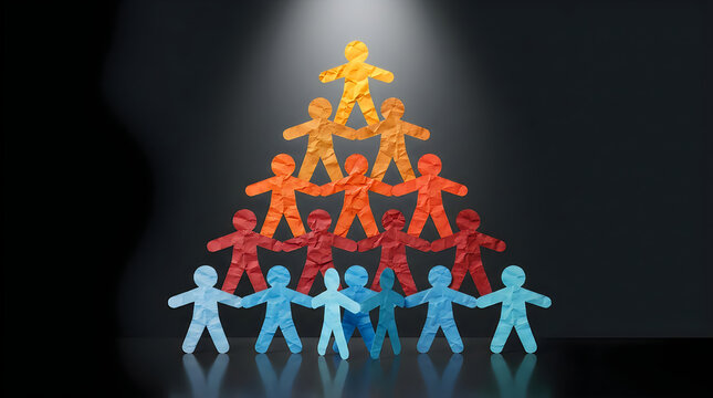 Colorful paper people forming a tall human pyramid standing together against a dark background representing teamwork and unity
