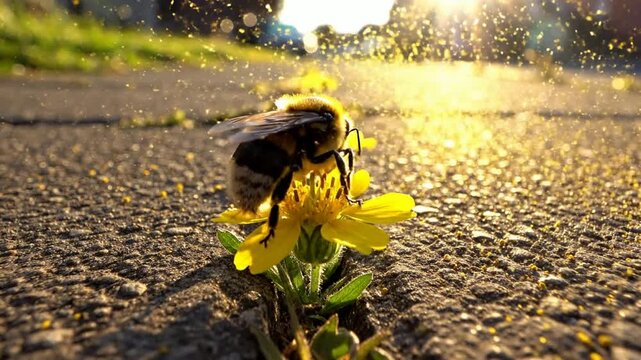 Close-up of a bumblebee pollinating a yellow flower on concrete with golden hour sunlight and floating pollen particles