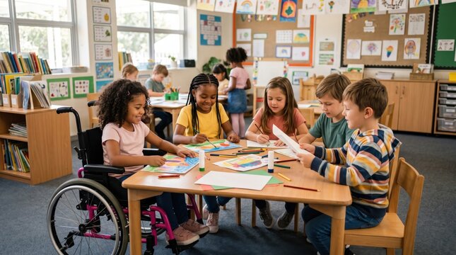 Accessible classroom table includes child using wheelchair with classmates, showing inclusive primary school belonging, equal participation and universal design in learning.