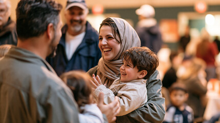 Fototapeta premium Diverse family smiling and embracing during outdoor celebration with laughter and parent-child bonding in warm community gathering