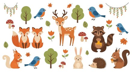 Fototapeta premium Cute Forest Animals Vector Set with Deer Fox Raccoon Squirrel Rabbit Hedgehog and Autumn Nature Elements for Kids Design