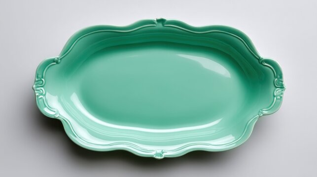 Turquoise serving platter displays delicate ornamental details