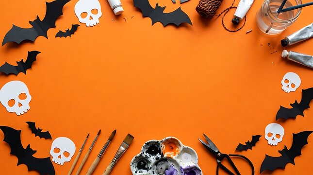 Halloween crafting background with paper bats, skulls, paint, and art supplies framing an orange space.