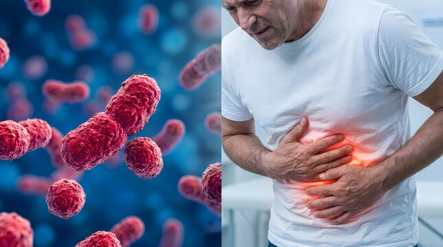 Man suffering from severe abdominal stomach pain caused by viral infection or bacteria cells