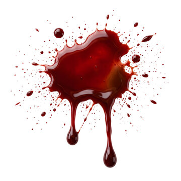 Red blood splatter isolated on white. Realistic liquid paint drop or crime scene stain.