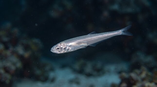 A single small silver fish swimming in the deep blue ocean.