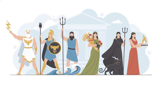 Pantheon of ancient Greek gods and goddesses standing in front of a temple vector illustration