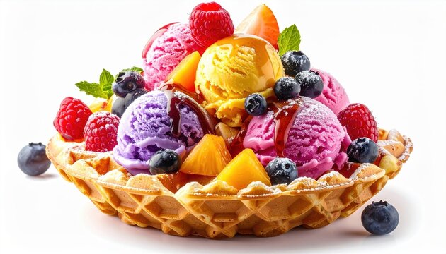 Hong Kong bubble waffle topped with colorful ice cream and fresh fruits isolated on white background