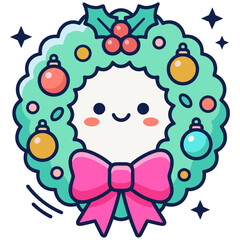 Obraz premium Kawaii Christmas Wreath with Ornaments Flat Vector Illustration