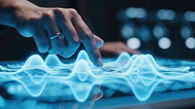 Interacting with futuristic holographic touchscreen interface for data analysis and digital innovation