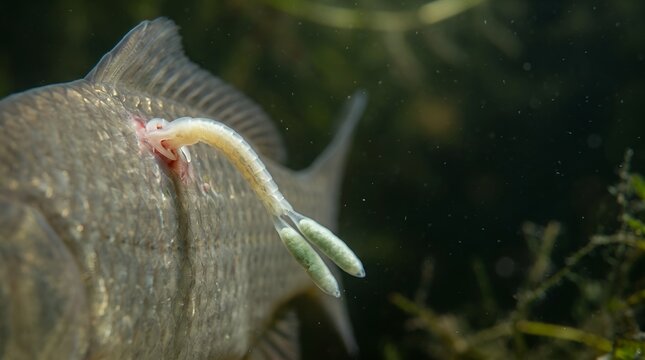 Close-up of a fish infected with anchor worms.