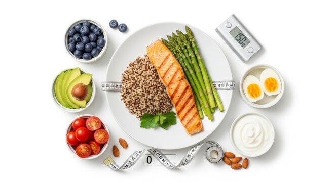 A balanced meal with salmon, asparagus, quinoa, and various healthy sides arranged on a white background.