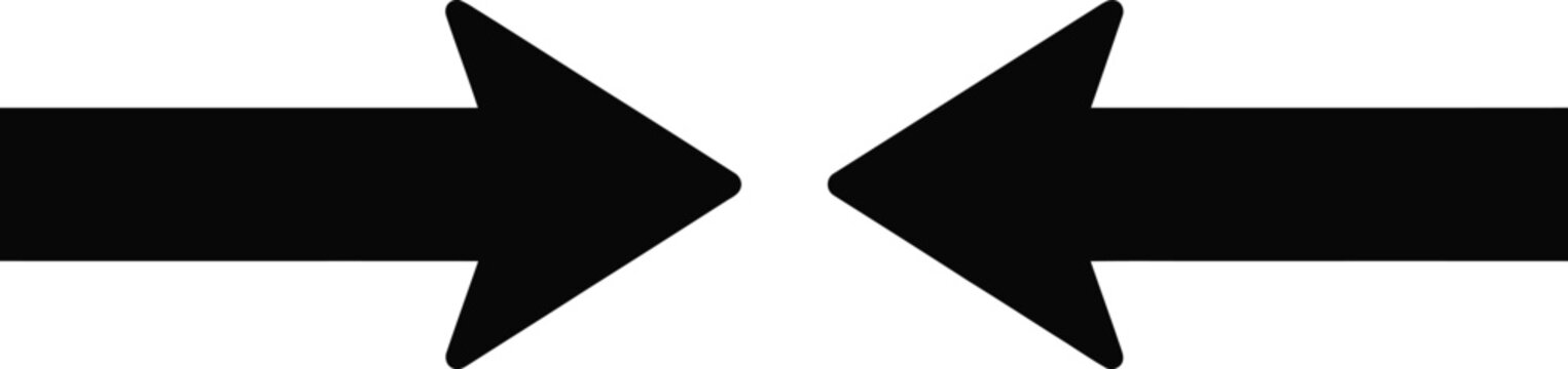 Two black arrows pointing towards each other on a transparent background illustration.