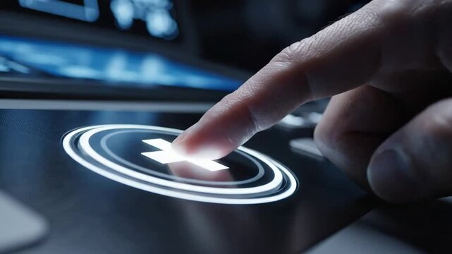 Finger pressing glowing medical plus sign button on futuristic control panel for healthcare technology and digital health interface concept