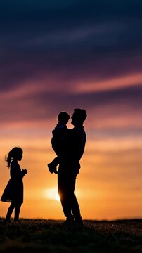 Silhouette of happy family holding hands at golden sunset with breathtaking mountain landscape, celebrating love, togetherness, freedom and unforgettable outdoor moments, perfect for family marketing,