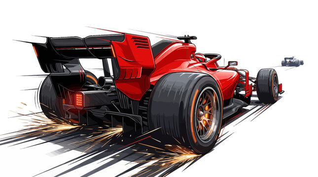 Red formula one race car speeding away on track with sparks flying from rear diffuser and motion lines illustration of fast racing competition vehicle