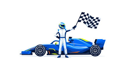 Fototapeta premium 3D illustration of a race car driver standing next to a blue Formula 1 car holding a checkered flag on a white background