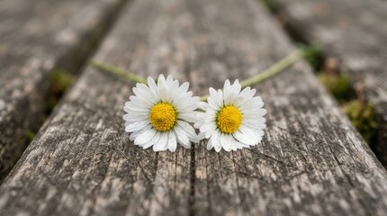 Obraz premium Two beautiful white daisy flowers resting on a rustic wooden surface representing a peaceful concept for world heart day celebration and healthy lifestyle awareness