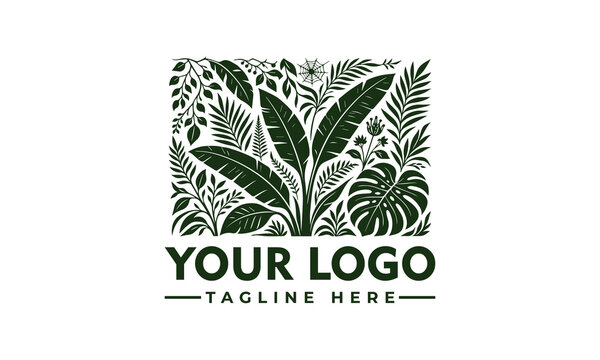 Tropical forest logo with lush green foliage and placeholder text for your brand identity