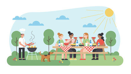 Fototapeta premium Group of friends enjoying summer picnic outdoors eating watermelon while chef cooks barbecue