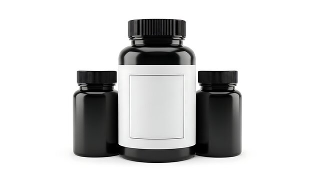 Three black supplement bottles with one labeled