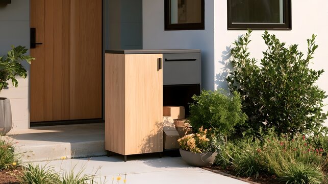 Modern outdoor parcel locker unit beside a wooden front door surrounded by greenery and concrete walkway