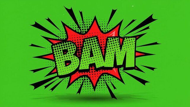 Comic book style bam text animation with green screen background, for dynamic motion, and pop projects