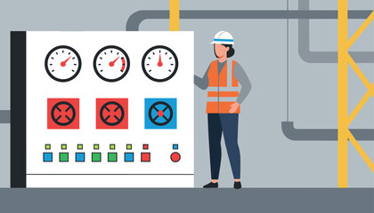 Fototapeta premium Female industrial engineer inspecting control panel with gauges inside power plant facility