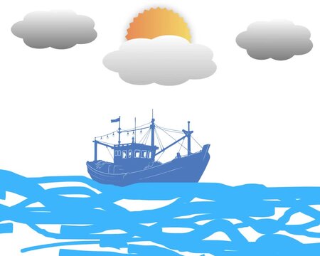 Black Fishing Boat Vector Silhouette on Ocean Waves with Cloudy Sky Illustration