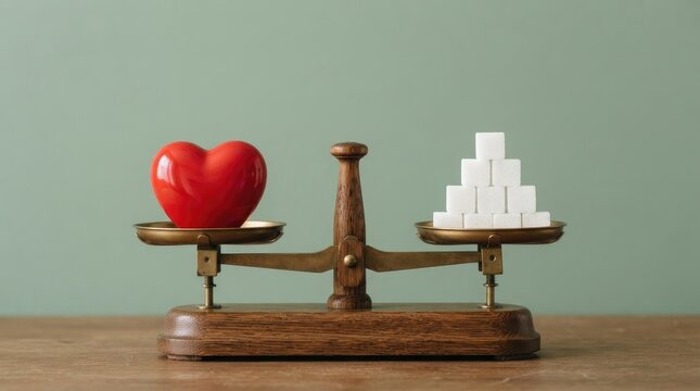 A red heart and a pile of white sugar cubes on a vintage balance scale representing health choices and diet awareness for world heart day