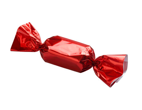 Single hard candy wrapped in shiny red foil packaging isolated on a solid black background, studio product photography