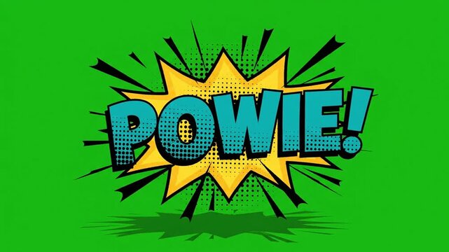 Powie! comic book style pop animation on green screen dynamic retro action sound effect text overlay for motion and editing